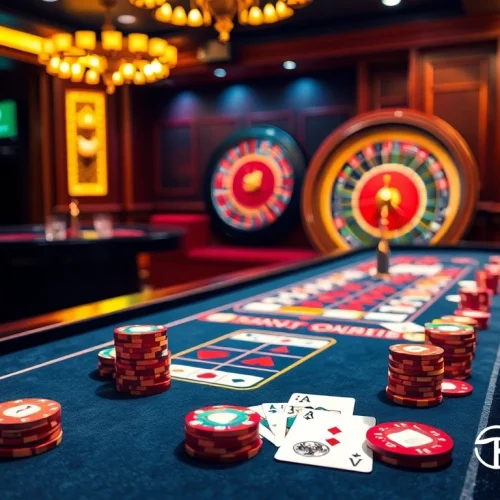 Experience thrilling gaming at F168 casino with poker chips, vibrant tables, and a roulette wheel.