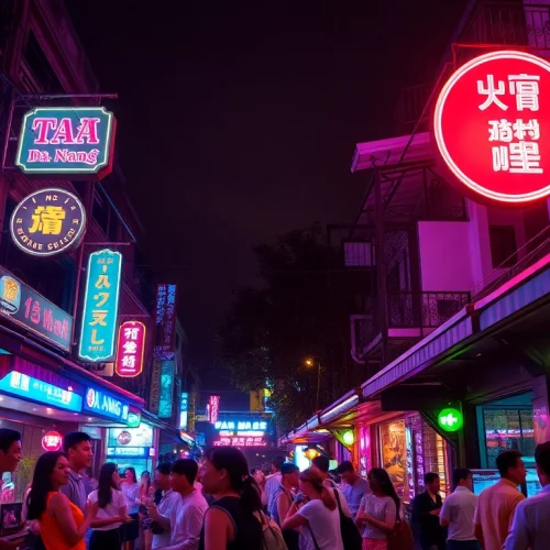 Experience 다낭밤문화 through a vibrant nightlife scene featuring lively bars and illuminated streets.