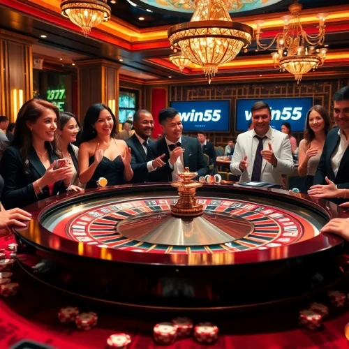 Players enjoying a lively roulette game at win55, showcasing excitement and luxury.