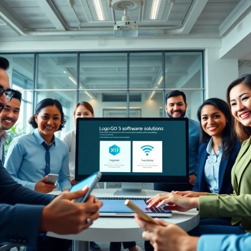 Logo GO 3 fiyatı displayed in a modern office setting with professionals discussing software solutions.