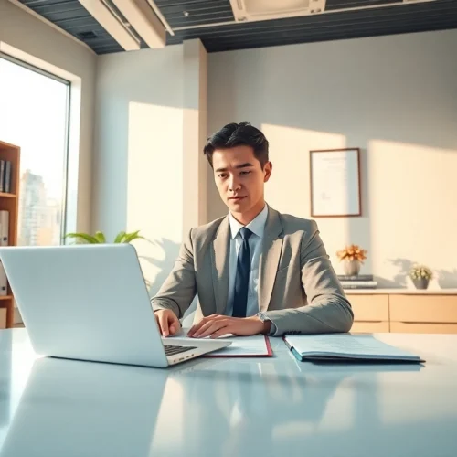 Sworn translator translating legal documents in a modern office.