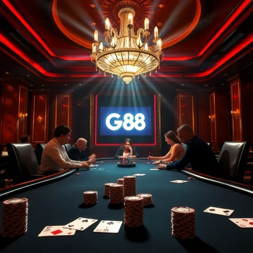 Players engaging in high-stakes poker at GG88 casino showcasing luxury and excitement.