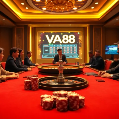 Experience the thrill of gambling at VA88 with a stunning casino scene featuring poker and roulette.