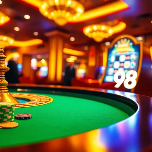 Experience the excitement of 98win with vibrant casino elements like poker chips and roulette wheels.