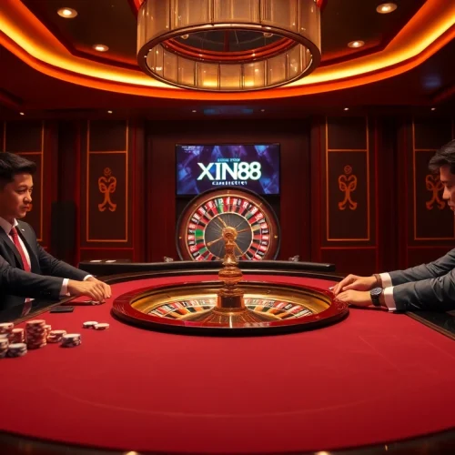 XIN88 players strategizing at an elegant poker table with vibrant poker chips and a roulette wheel.