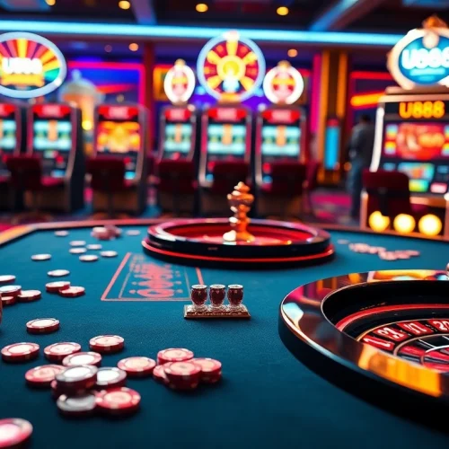 Exciting U888 casino gaming scene with roulette wheel, poker chips, and players enjoying the thrill.
