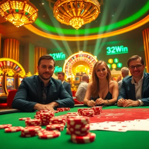 Experience the thrill of 32win at an upscale poker table filled with colorful chips and excited players.