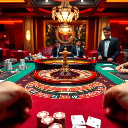 MM88 casino scene showcasing vibrant gaming tables, roulette wheel, and excited gamblers.