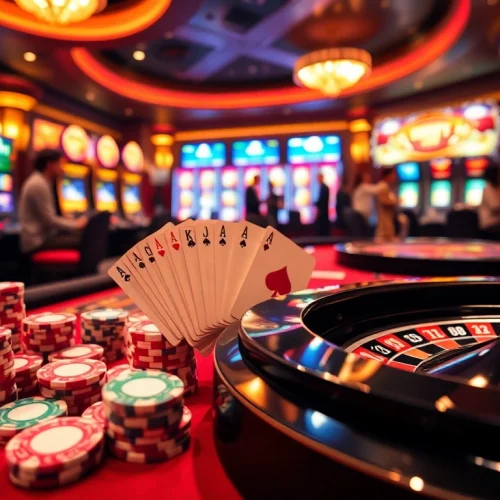 Experience the thrill of F168 gambling with vibrant casino chips and a spinning roulette wheel.