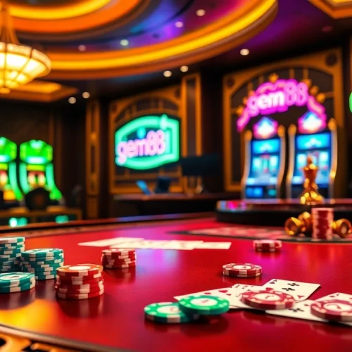 Experience the thrill of gem88 with vibrant casino games featuring poker chips and roulette wheels.