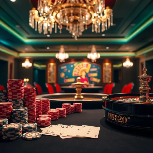 Engage with high-stakes gaming at tại NK88's elegant casino table featuring chips and cards.