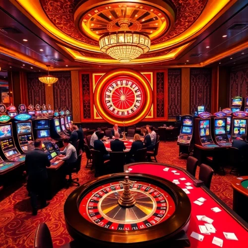 Experience the thrilling action at new88's luxurious casino with vibrant games and players.