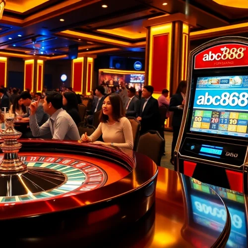 Players enjoying games at the abc888 casino, with exciting roulette and slot machines in view.