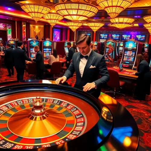 An exciting gambling scene showcasing a roulette table at https://www.jun88.org/, with colorful chips and experienced players engaging in strategic bets.