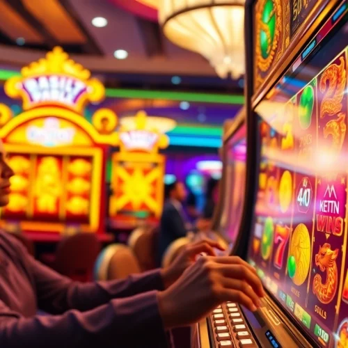 Excitement at a doaslot slot machine in a luxurious casino with vibrant colors.