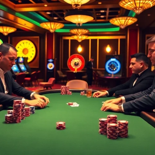 Players strategizing at a Texas Hold'em table at https://789f.town/ with colorful poker chips and an inviting casino ambiance.