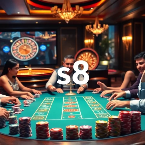 Excited gamblers at a stylish poker table in a luxurious casino, showcasing s8 gaming excitement.
