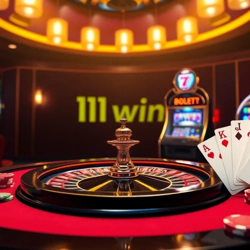 A dealer spins the roulette wheel at 11win's high-stakes casino, surrounded by poker chips and illuminated slot machines.