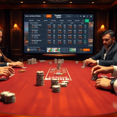 High-stakes poker game at https://thabet.vegas/ with players enjoying a sophisticated casino atmosphere.