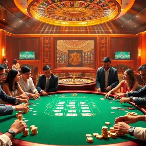 Thrilling scene of players at a THABET casino table, engaging in poker with vibrant chips and cards.