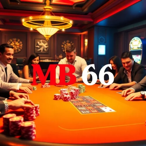 Players enjoying poker at a luxurious MB66 casino table filled with vibrant chips.
