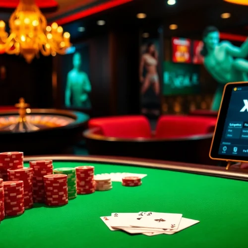 Exciting gambling scene with poker chips and cards highlighting https://xx88.promo/ for a luxurious betting experience.