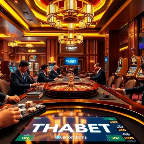 THABET casino players enjoying a high-stakes game with shining roulette wheels and poker chips.