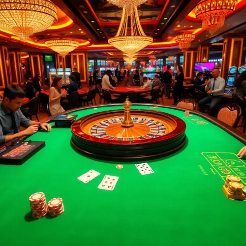 Players enjoying a vibrant casino atmosphere at uu88 with poker chips and roulette wheel.