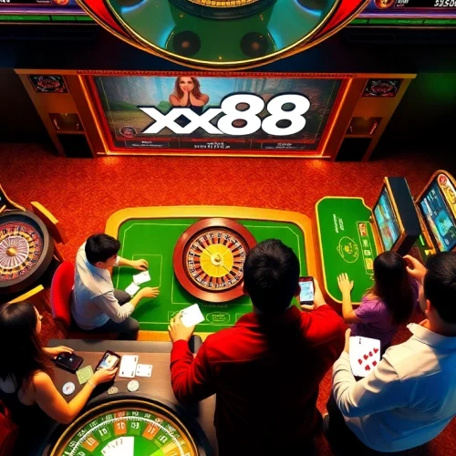 Excited gamblers enjoy games at xx88's luxurious online casino with vibrant visuals.