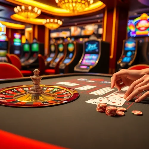 Betting excitement at Jun888 casino table with cards and roulette wheel.