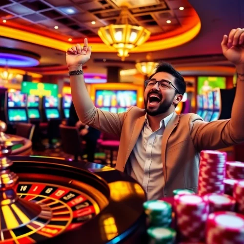 A vibrant online gambling scene featuring 13win with poker chips and a roulette wheel.