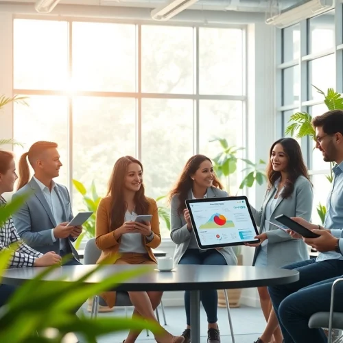 Dynamic workspace reflecting innovation and wellness at lifepp.click, featuring professionals collaborating in a modern office.
