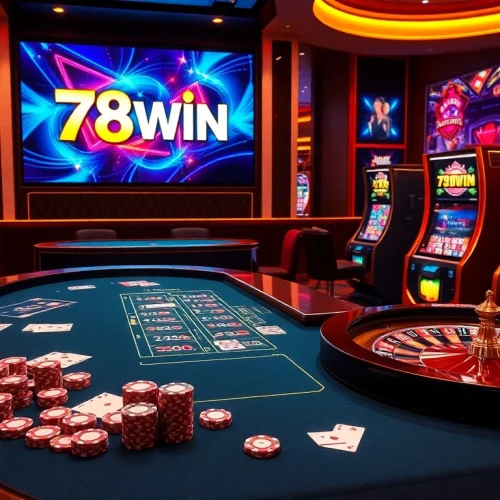Exciting casino scene featuring 78WIN with vibrant gambling elements like poker chips and slot machines.