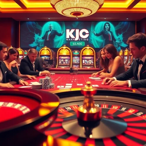 Experience the thrill of gaming at KJC.Marketing's upscale casino, featuring poker tables and roulette wheels.