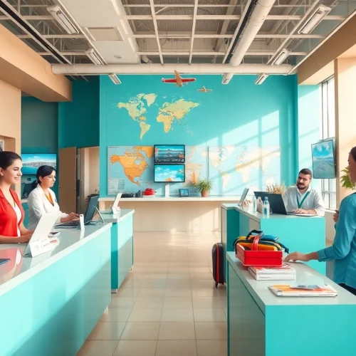 Dynamic travel agency interior highlighting fly888 services with agents assisting clients.