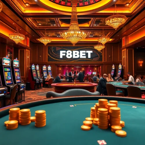 Players enjoying a vibrant gaming experience at F8BET casino with poker tables and slot machines.