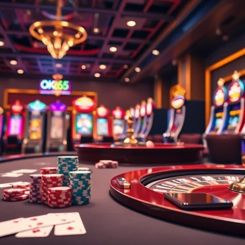 Celebrate the excitement of winning at OK365 link with a visually enticing casino scene featuring poker, roulette, and slot machines.