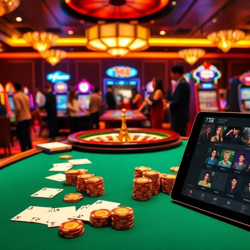 Experience the excitement of TT88 at a luxurious casino table with vibrant poker chips and cards.