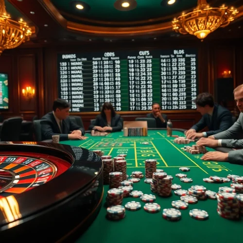 Engaged gamblers studying kèo nhà cái odds at an elegant casino betting table in a thrilling atmosphere.