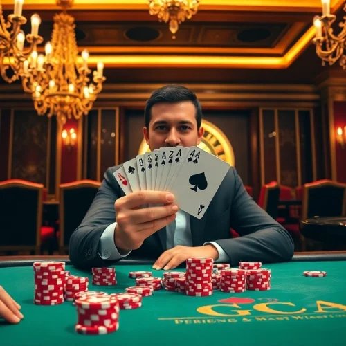 GO8 casino player winning at poker table with chips and roulette wheel