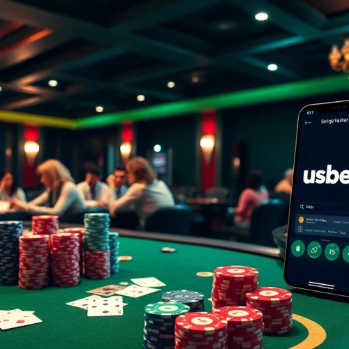 Experience thrilling poker action on usbet with colorful chips and an elegant roulette wheel.