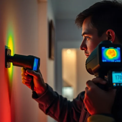 Technician performing hidden leak detection using thermal imaging technology in a domestic setting.