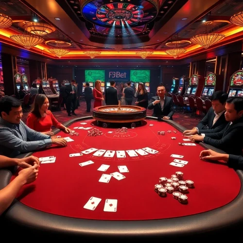 Players enjoying high-stakes poker at F8bet’s luxurious casino with vibrant lights.