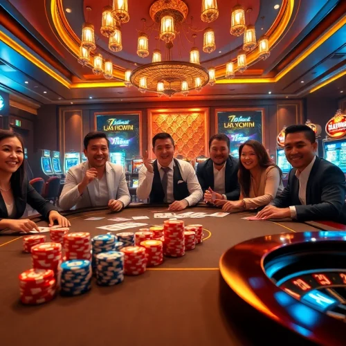 Exciting casino scene at 789win club with poker table, chips, and slot machines illuminating the atmosphere.