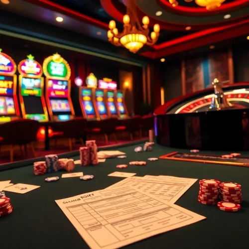SBOBET gaming table showcasing poker chips and illuminated slot machines, evoking excitement.