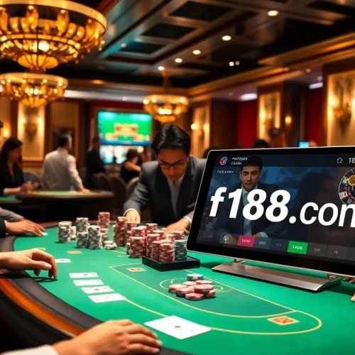 Exciting casino ambiance showcasing f168.com gaming with dealers and vibrant poker chips.