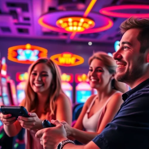 Kode4d link - Engaging scene of players enjoying an online slot game with vibrant colors and exciting atmosphere.