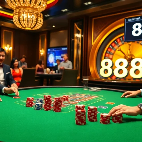 Experience thrilling gameplay at the luxurious 888b casino with eager gamblers and vibrant tables.