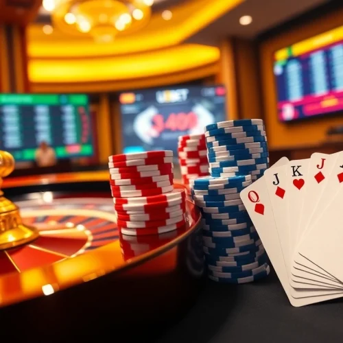 Engaging scene of USBET online gambling with poker chips, cards, and a roulette wheel.