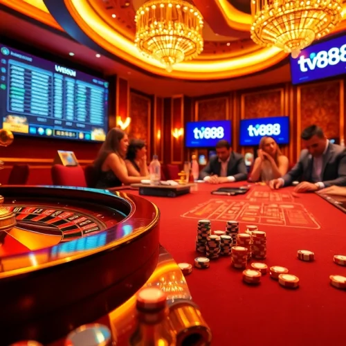 Experience the excitement of gambling at tv88 with vibrant casino tables and engaged players.